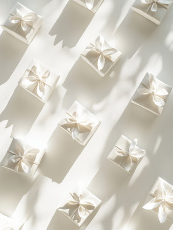 Silhouettes of beautifully wrapped gift boxes with bows are displayed on a soft, light background, enhancing a celebratory feel.の素材