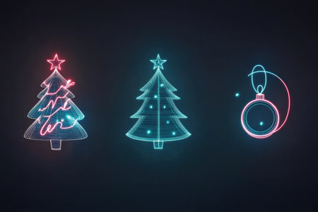 Elegant glowing lines form minimalist silhouettes of Christmas trees and ornaments, creating a festive and modern holiday decor.の素材