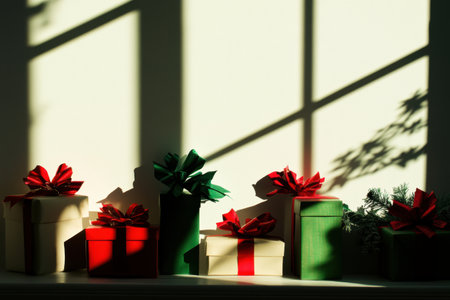 Silhouettes of colorful gift boxes adorned with bows are displayed against a light background, evoking a holiday spirit and celebration.の素材
