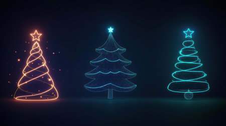 Minimalist silhouettes of Christmas trees and ornaments are illuminated with glowing lines set against a dark backdrop, creating a festive atmosphere.の素材