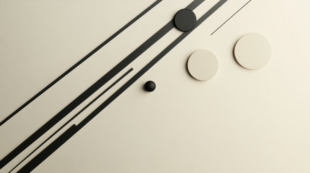 The artwork showcases a dynamic composition of intersecting black lines and circles of different sizes against a soft light backdrop.の素材