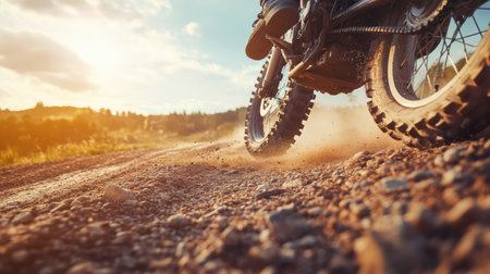 A powerful dirt bike races along a rugged trail, kicking up dust and gravel under the warm glow of the sunset in an outdoor environment.の素材