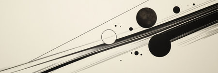 Black diagonal lines intersect with circles of varying sizes against a light background, showing minimalist artistic design.の素材