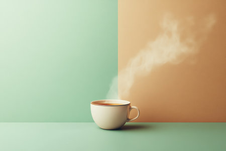 A delicate tea cup releases smooth steam, creating a warm atmosphere on a minimalist two-tone backdrop.の素材