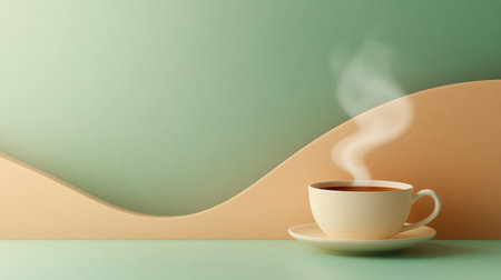A soothing cup of tea sits on a saucer, with gentle steam curling upwards in an elegant, minimalistic environment.の素材