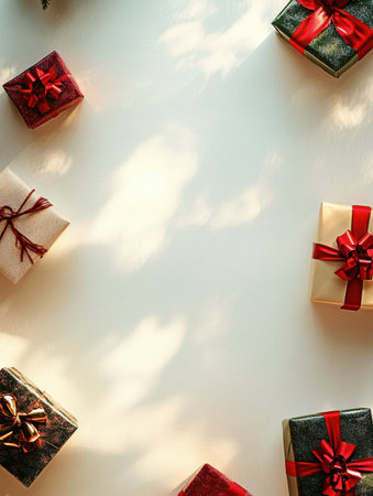 Silhouettes of colorful gift boxes with bows scattered on a light background, creating a festive atmosphere suitable for celebrations.の素材