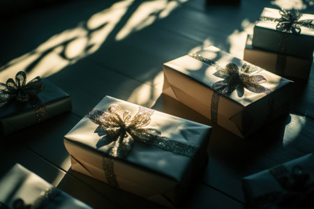 The soft lighting highlights several elegantly wrapped gift boxes adorned with bows, enhancing a festive and welcoming ambiance.の素材