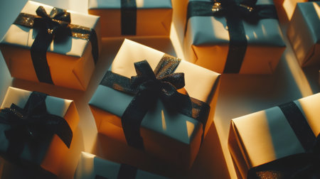 Silhouettes of beautifully wrapped gift boxes with bows create an inviting atmosphere perfect for any celebration or festive occasion.の素材