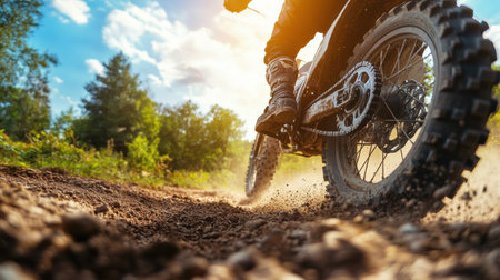 A dirt bike maneuvers through a challenging trail, kicking up dust and gravel while the sun shines brightly in the background.の素材