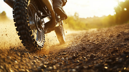 A dirt bike races on a trail, sending dust and gravel flying as it navigates the outdoor terrain under warm sunlight.の素材
