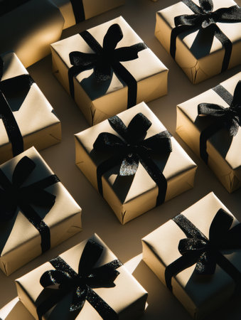Silhouetted gift boxes with ribbons are neatly arranged, creating a stylish arrangement perfect for festive celebrations and gifting.の素材