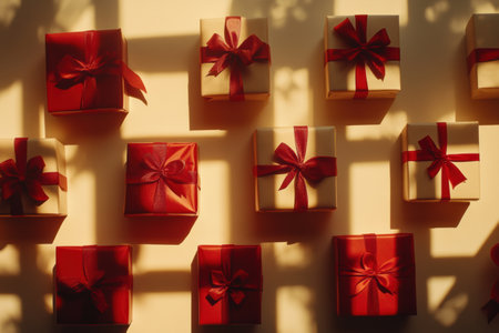 Silhouettes of diverse gift boxes and bows are arranged artistically on a light background, creating a festive and inviting atmosphere.の素材