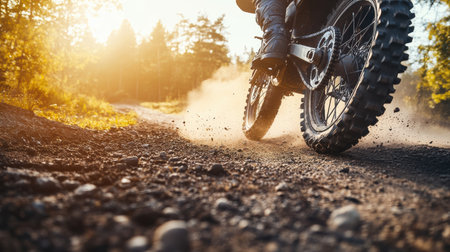 A dirt bike races down a dusty trail, leaving a cloud of dust while gliding through a beautiful wooded area in the late afternoon.の素材