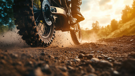 A dirt bike speeds down a rugged trail, creating a cloud of dust and gravel as it navigates through an outdoor landscape at sunset.の素材