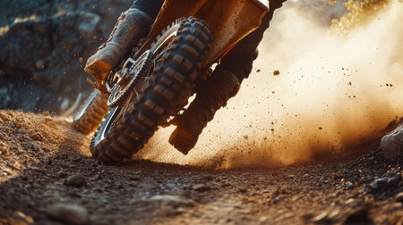 A dirt bike speeds along a rugged trail, sending dust and gravel flying as it navigates the challenging terrain in broad daylight.の素材