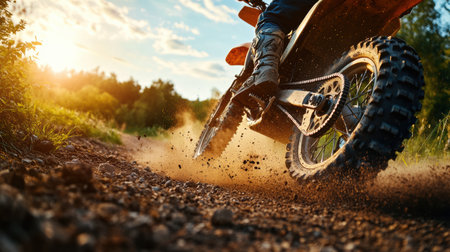 A dirt bike speeds along a rugged trail, scattering dust and gravel with its powerful tires under the warm afternoon sun.の素材