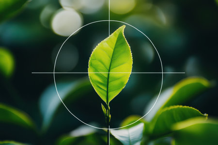 A vibrant green tea leaf stands out against a backdrop of lush foliage, illuminated by soft morning light, highlighting its natural beauty.の素材