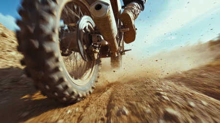 The dirt bike speeds along a rough trail, with dust and gravel flying as it accelerates through the sunny outdoor landscape.の素材