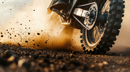 A dirt bike accelerates on a trail, sending dust and gravel flying as the sun shines brightly in the outdoor environment.の素材
