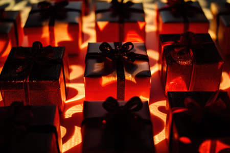 Silhouettes of various gift boxes and bows are arranged on a soft background, enhancing the festive ambiance perfect for celebrations.の素材