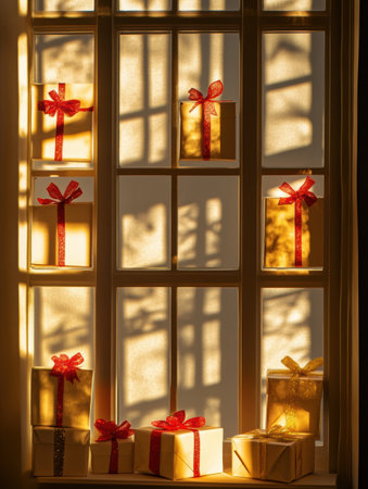 Silhouettes of elegantly wrapped gift boxes with bows adorn a soft light backdrop, inviting a festive and joyful ambiance for occasions.の素材