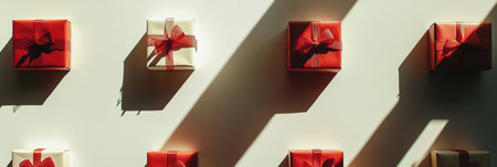 Silhouettes of various gift boxes and bows are arranged on a light background, creating a cheerful and festive vibe for special occasions.の素材