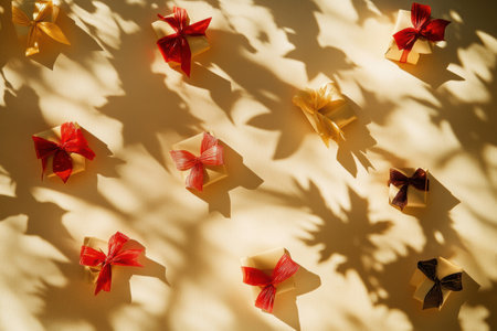 Gift boxes adorned with vibrant bows cast captivating silhouettes on a soft background, evoking a cheerful holiday spirit.の素材