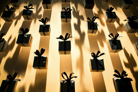 Silhouettes of neatly arranged gift boxes and bows create a striking visual effect against a softly lit background, evoking festive joy.の素材