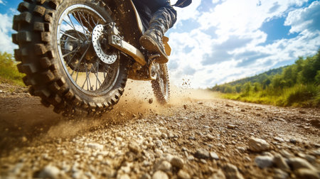 A dirt bike races down a trail, kicking up dust and gravel as it navigates the rugged outdoor terrain under a bright sky.の素材