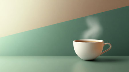 A soothing cup of tea emits gently curving steam as it sits on a serene, minimalist surface in soft light.の素材