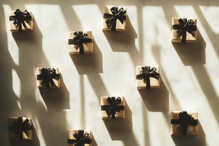 Gift boxes with elegant bows create a striking silhouette against a light wall, perfect for celebrations or holiday festivities.の素材