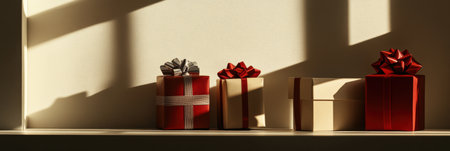 Colorful gift boxes adorned with bows create striking silhouettes in a warmly lit indoor space, hinting at a festive occasion.の素材