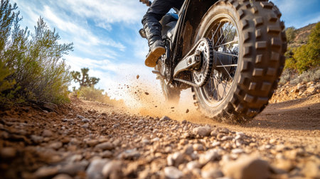 A dirt bike speeds down a trail, sending dust and gravel flying while navigating through a scenic outdoor landscape.の素材