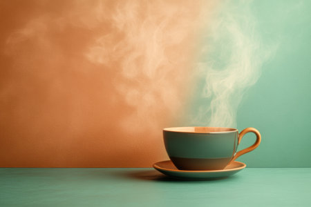 A steaming cup of tea rests on a saucer, releasing soft curls of steam in a calm morning setting filled with warm tones.の素材