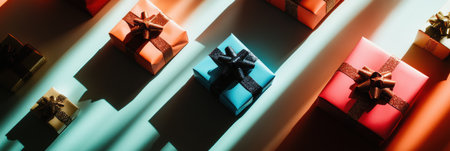Various silhouettes of gift boxes with bows are arranged on a light background, evoking a festive and celebratory atmosphere.の素材