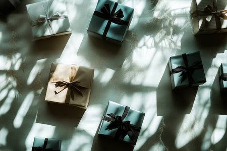 Silhouettes of beautifully wrapped gift boxes and bows create a charming ambiance, perfect for holiday festivities and special occasions.の素材