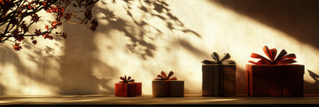 Silhouetted gift boxes adorned with bows rest on a shelf, casting delightful shadows in a soft, light-filled environment.の素材