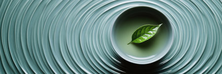 A delicate tea leaf floats gracefully in a tranquil bowl, surrounded by serene ripples, reflecting a moment of peaceful simplicity.の素材