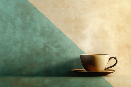 A tea cup sits on a plate, releasing gently curling steam, creating a comforting atmosphere in a serene, softly lit environment.の素材