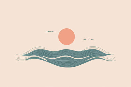 The sun rises gently above calm waves, creating a serene atmosphere perfect for beach vacations and moments of relaxation.の素材