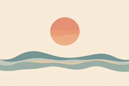 A gentle sun rises over smooth waves, creating a peaceful atmosphere perfect for beach vacations and moments of relaxation.の素材