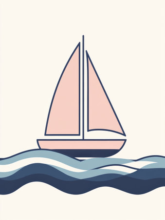 A sleek sailboat peacefully sails atop minimalist waves, reflecting a serene and calm ocean atmosphere on a sunny day.の素材