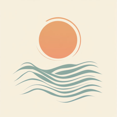 The sun rises gently above the calm waves, creating a serene atmosphere perfect for beach visits and relaxation.の素材