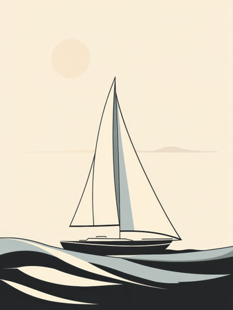 A sleek sailboat sails smoothly across calm waves, capturing the tranquility of a peaceful ocean sunset.の素材