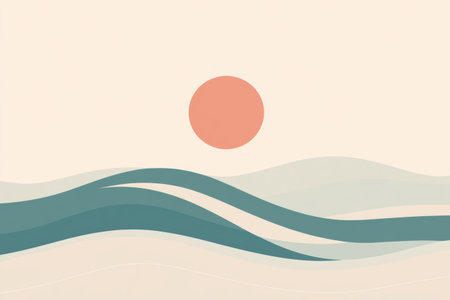 A minimalistic view captures a soft sun rising above calm waves, evoking feelings of tranquility and seaside escape.の素材