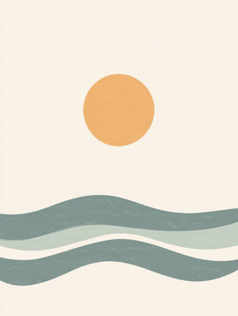 Soft waves gently ripple as a minimal sun rises, creating a tranquil setting ideal for beach vacations and relaxation.の素材