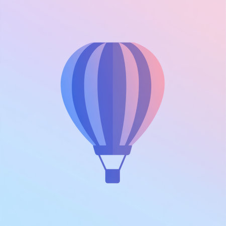 This design showcases a minimalist hot air balloon icon rendered in gentle pastel colors against a calming backdrop, evoking tranquility.の素材