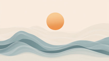 A gentle sun rises above calm, clean waves, creating a peaceful atmosphere ideal for beach vacations and moments of relaxation.の素材