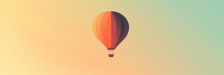 A sophisticated hot air balloon ascends through the calm evening sky, showcasing vibrant colors against a tranquil backdrop.の素材