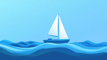 The sailboat moves gracefully on minimalist waves, capturing the tranquility of a clear blue sky and peaceful waters.の素材